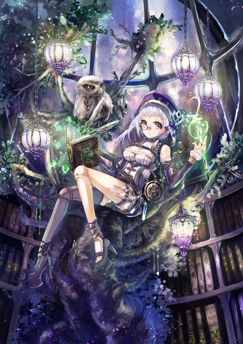 1girl bird black_hat black_shoes black_shorts black_sleeves book bookshelf breasts cleavage commentary_request detached_sleeves doll_joints floating floating_book floating_object frilled_sleeves frills full_body grey_eyes grey_hair hane_segawa hanging_light hat high_heels highres holding holding_quill indoors joints library looking_at_viewer lying magic medium_breasts monocle on_back open_book original owl parted_lips quill shoes shorts single_bare_shoulder skylight solo thigh_strap tree winding_key writing