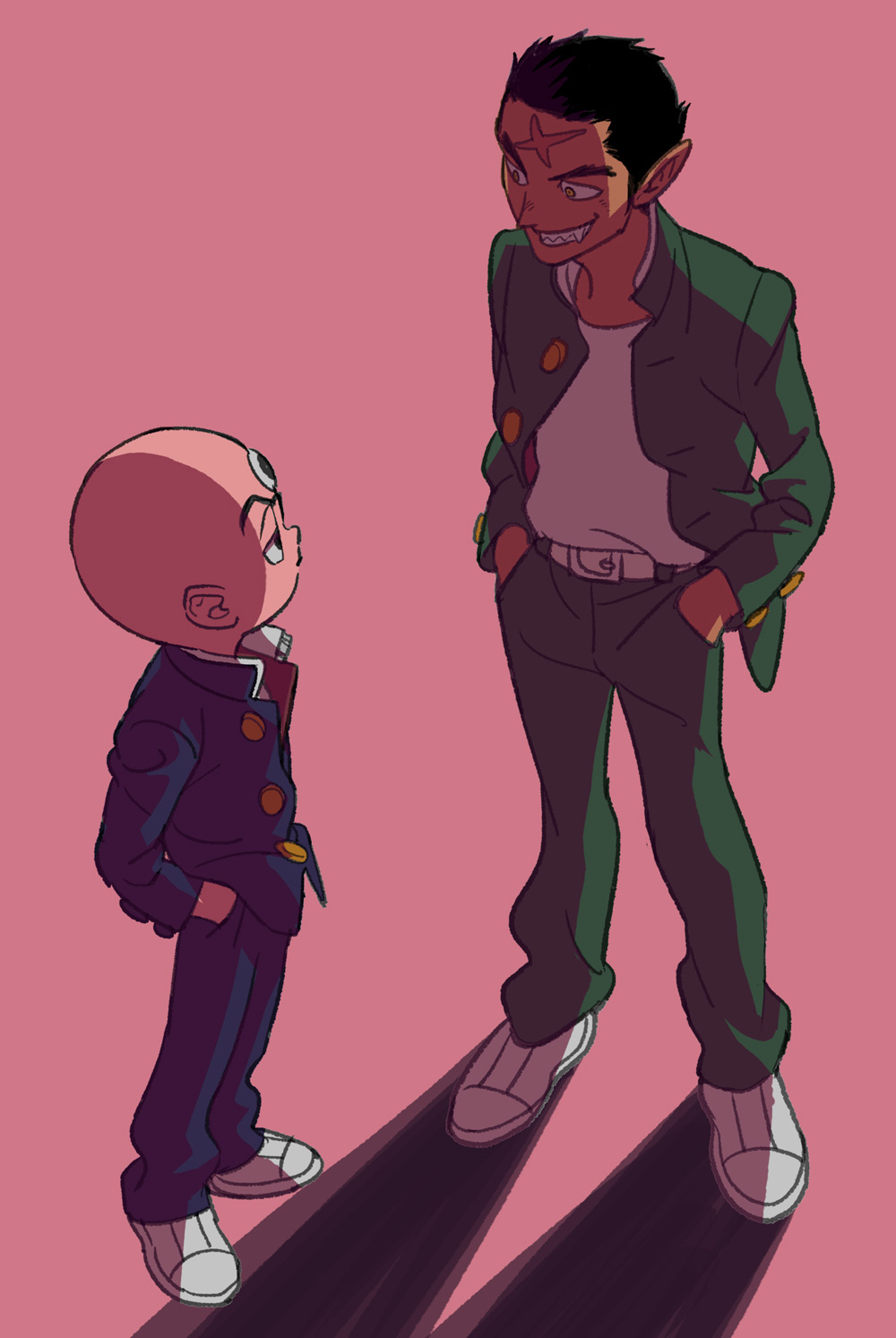 2boys bald belt black_hair character_request gakuran green_jacket green_pants hands_in_pockets highres jacket looking_at_another maiko_(setllon) male_focus mitsume_ga_tooru multiple_boys open_clothes open_jacket pants pink_background pointy_ears scar scar_on_face scar_on_forehead school_uniform shadow sharaku_hosuke sharp_teeth shirt simple_background teeth white_belt white_footwear white_shirt