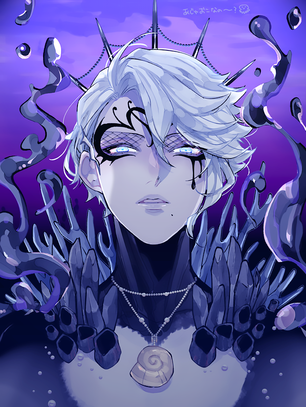 1boy air_bubble azul_ashengrotto bad_id bad_pixiv_id blue_eyes bodypaint bubble coral crown eyeliner facepaint hair_between_eyes heart jewelry looking_at_viewer makeup male_focus mascara mole mole_under_mouth necklace parted_lips portrait purple_background seashell shell shirai sidelocks silver_hair solo submerged twisted_wonderland underwater