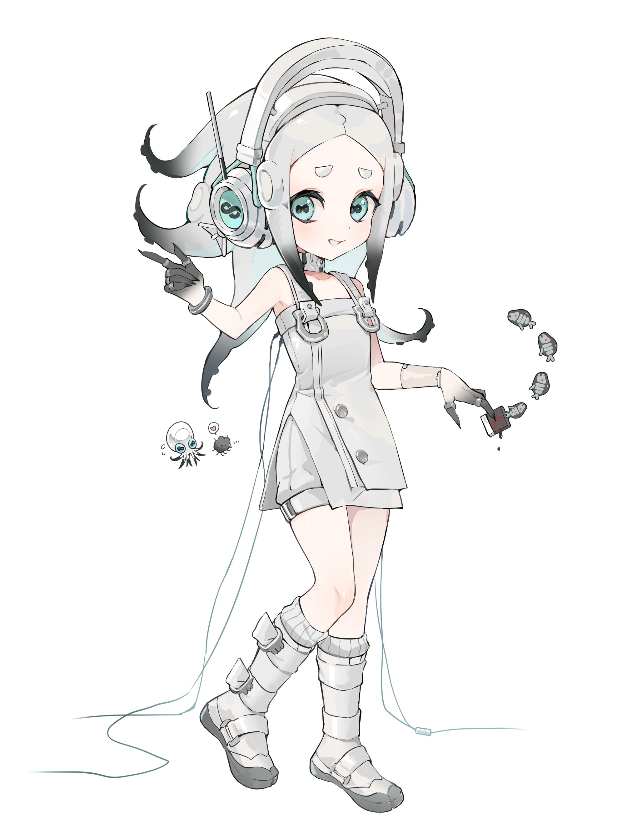 1girl absurdres bare_shoulders between_fingers black_hair blue_eyes boots bracelet cephalopod_eyes choker color_chip_(splatoon) colored_extremities commentary_request creature_and_personification detached_sleeves dress flat_chest flying_sweatdrops full_body furrowed_brow gradient_hair grin hand_up headphones highres holding horizontal_pupils jelleton jewelry kumo_(kumo_hsc0216) long_hair looking_to_the_side marching_andante multicolored_hair multiple_rings nintendo octoling parted_bangs personification ring see-through_clothes see-through_sleeves shorts shorts_under_dress simple_background single_detached_sleeve sleeveless sleeveless_dress smile smollusk_(splatoon) socks solo splatoon_(series) splatoon_3 splatoon_3:_side_order standing suction_cups tentacle_hair thick_eyebrows two-tone_hair white_background white_boots white_choker white_dress white_hair white_headphones white_shorts white_socks