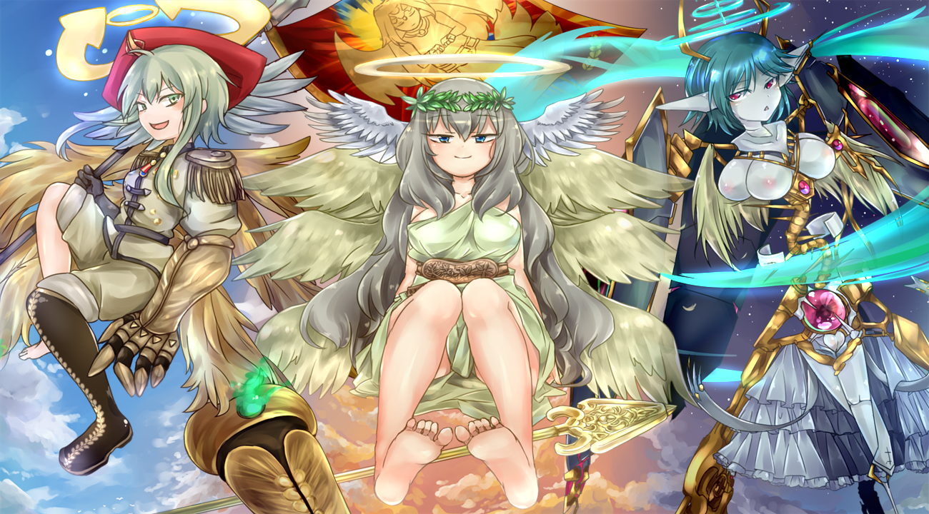 3girls ahoge angel angel_wings aqua_halo arrow_(symbol) bare_legs bare_shoulders barefoot biblically_accurate_angel black_gloves blonde_hair blue_eyes blue_hair blue_sky boots breasts character_print closed_mouth cloud colored_skin commentary_request core epaulettes extra_breasts feathered_wings feet feet_out_of_frame flag full_body gauntlets gem gloves glowing gnosis_(mon-musu_quest!) gold_horns gold_trim green_eyes grey_hair grey_skin grey_skirt hair_between_eyes halo head_wings heaven holding holding_flag holding_polearm holding_weapon ilias jacket jitome knee_boots knees_up large_breasts laurel_crown light_blush long_hair looking_at_viewer medal mon-musu_quest! mon-musu_quest:_paradox multiple_girls multiple_halos multiple_wings open_mouth over_shoulder pale_skin pippi_(ku_ro_do_zorizo_to) polearm purple_gemstone pussy red_eyes red_headwear seraph_eden shield_module short_hair shorts sidelocks single_bare_foot single_gauntlet single_knee_boot sitting skirt sky smile soles space spear spine straight-on toes toga triangle_mouth uncensored very_long_hair weapon white_jacket white_shorts wind wings zion_(mon-musu_quest!)