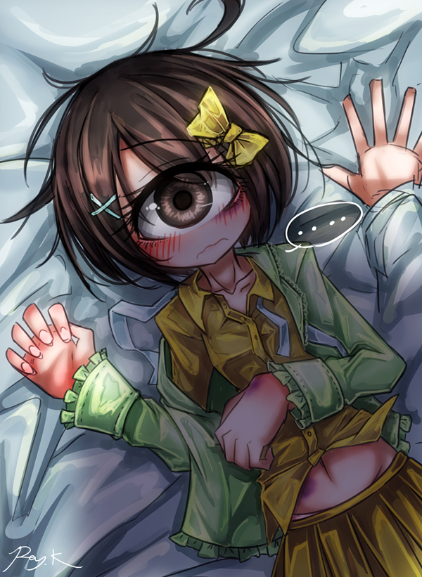 ... 1girl artist_name bed bed_sheet blush bow brown_eyes brown_hair bruise cyclops female_focus from_above hair_bow hair_ornament hair_ribbon hairclip hitomebore injury looking_at_viewer lying messy_hair midriff monster_girl navel on_bed one-eyed original pinned ray-k ribbon shadow short_hair signature single_eye skirt solo_focus speech_bubble spoken_ellipsis usui_sachi wavy_mouth