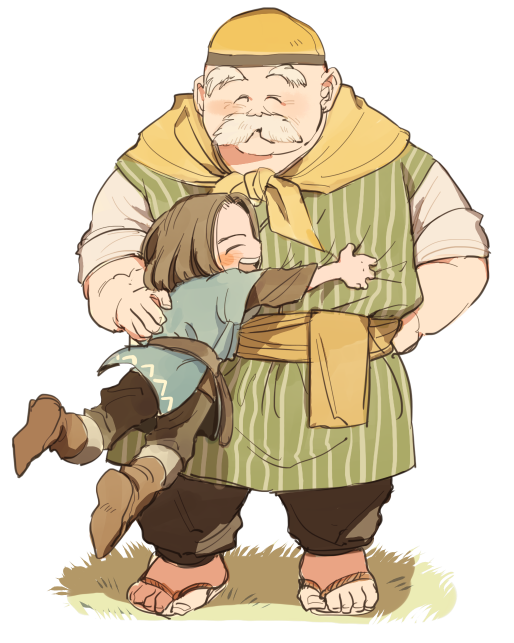2boys aged_down black_pants blue_tunic boots brown_boots brown_hair brown_shirt child closed_eyes commentary_request dragon_quest dragon_quest_xi facial_hair grandfather_and_grandson green_tunic hand_on_another&#039;s_back hand_on_own_hip hero_(dq11) hug male_focus medium_hair multiple_boys mustache neckerchief old old_man open_mouth pants parted_hair partial_commentary plump profile sandals sash shirt side_slit sleeves_rolled_up striped_clothes teo_(dq11) tunic white_background white_facial_hair white_shirt yellow_neckerchief yellow_sash yunion_(sibujya)