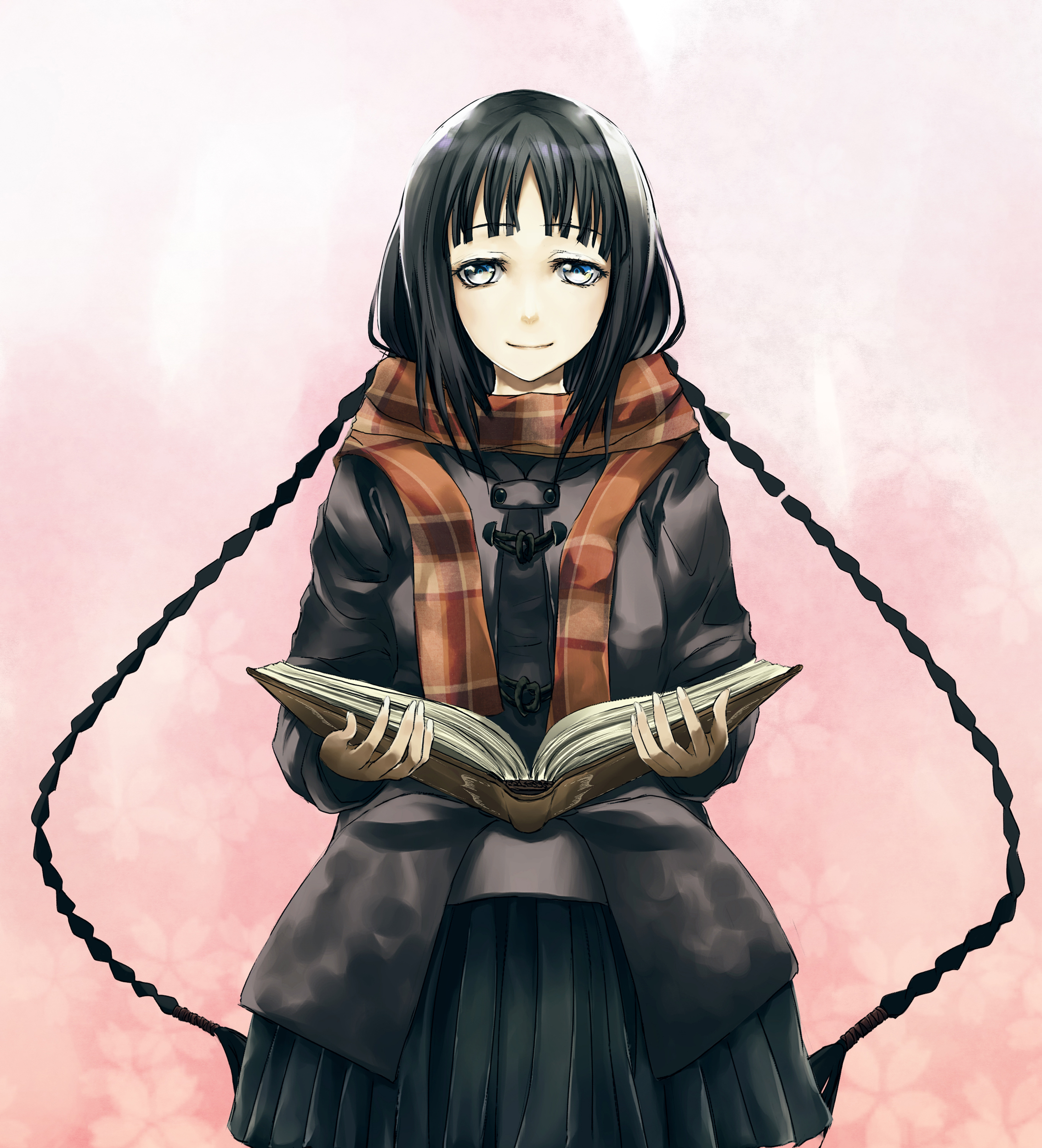 1girl absurdres amano_tooko black_hair blue_eyes book braid bungaku_shoujo female_focus highres jacket litlicha long_hair scarf school_uniform skirt solo twin_braids
