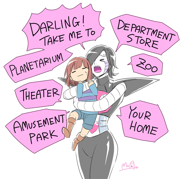 &gt;_&lt; 1boy 1other =_= androgynous artist_name black_hair boots brown_hair closed_eyes denim denim_shorts english_text fangs frisk_(undertale) hato_moa hug knee_boots mettaton mettaton_ex nervous_sweating robot shirt shorts striped_clothes striped_shirt sweat sweatdrop tears typo undertale