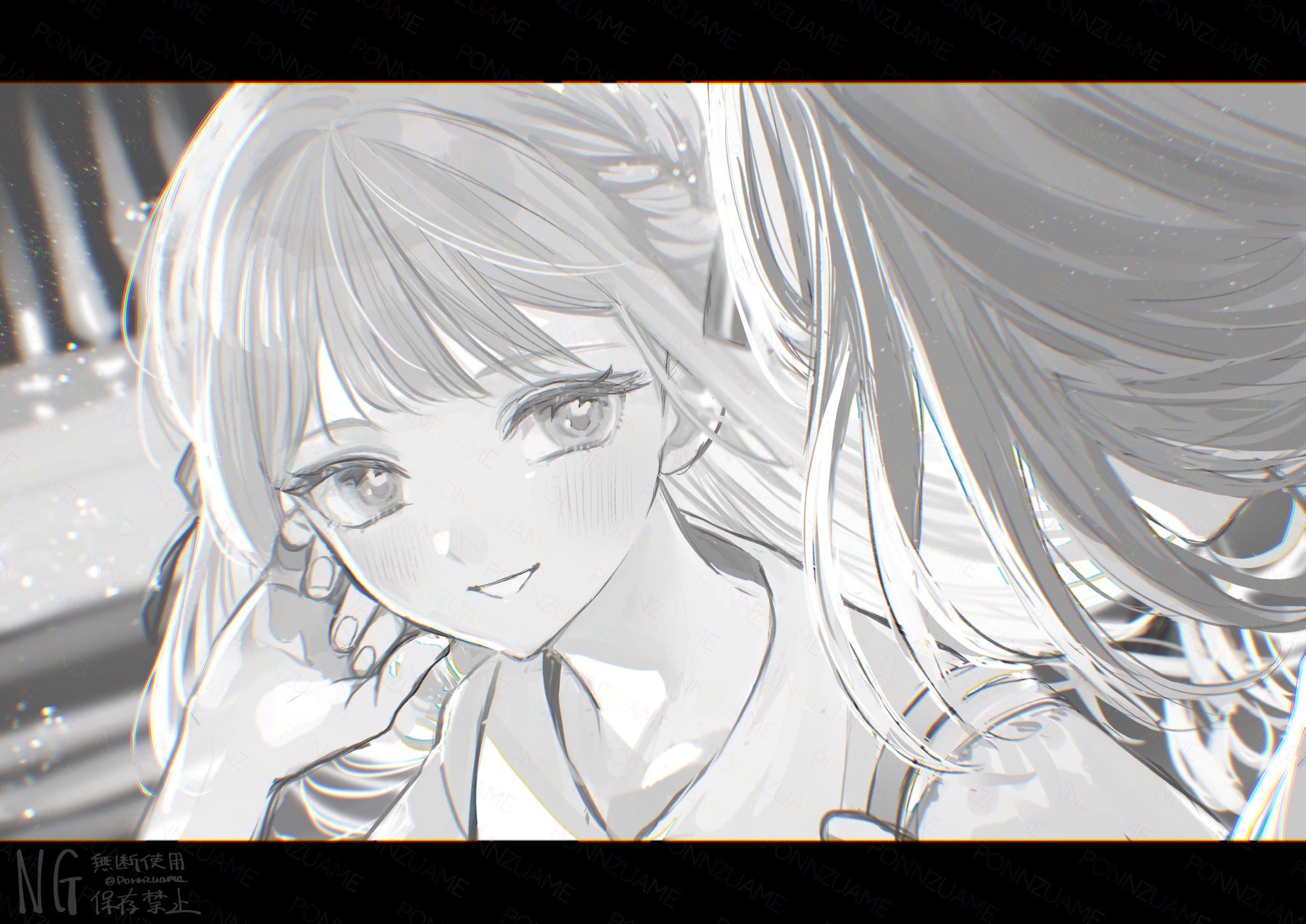2girls amezawa_koma artist_name bang_dream! bang_dream!_it's_mygo!!!!! blush braid chromatic_aberration dutch_angle face-to-face facing_away fingernails floating_hair greyscale grin hair_ribbon hand_on_own_face hand_up highres letterboxed light_particles looking_at_another misumi_uika monochrome multiple_girls outdoors portrait ribbon smile togawa_sakiko tucking_hair twitter_username two_side_up watermark
