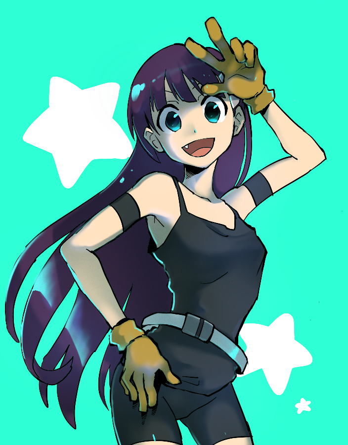 1girl armband bike_shorts fang gloves green_eyes hair_ornament hoyon kiyal_bachika long_hair looking_at_viewer open_mouth purple_hair simple_background smile solo star_(symbol) tengen_toppa_gurren_lagann v