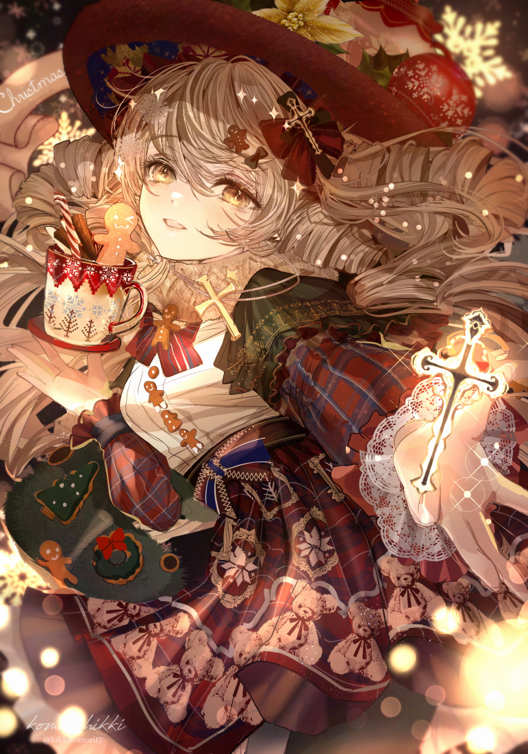 1girl candy candy_cane christmas christmas_ornaments christmas_tree_print cookie cross cup dress drill_hair food gingerbread_man komorihikki mug original plaid_clothes plaid_dress ringlets snowflake_print sparkle stuffed_animal stuffed_toy teddy_bear