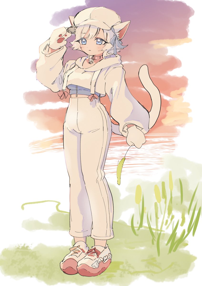 1girl adjusting_clothes adjusting_headwear animal_hands blue_eyes cabbie_hat cat_paws cat_tail cropped_hoodie hair_ribbon hat highres holding_grass hood hoodie kimi_no_koto_ga_dai_dai_dai_dai_daisuki_na_100-nin_no_kanojo nekonari_tama outdoors oyomidtarumi pants reeds ribbon shoes short_hair sneakers solo tail white_hair white_hat white_hoodie white_pants