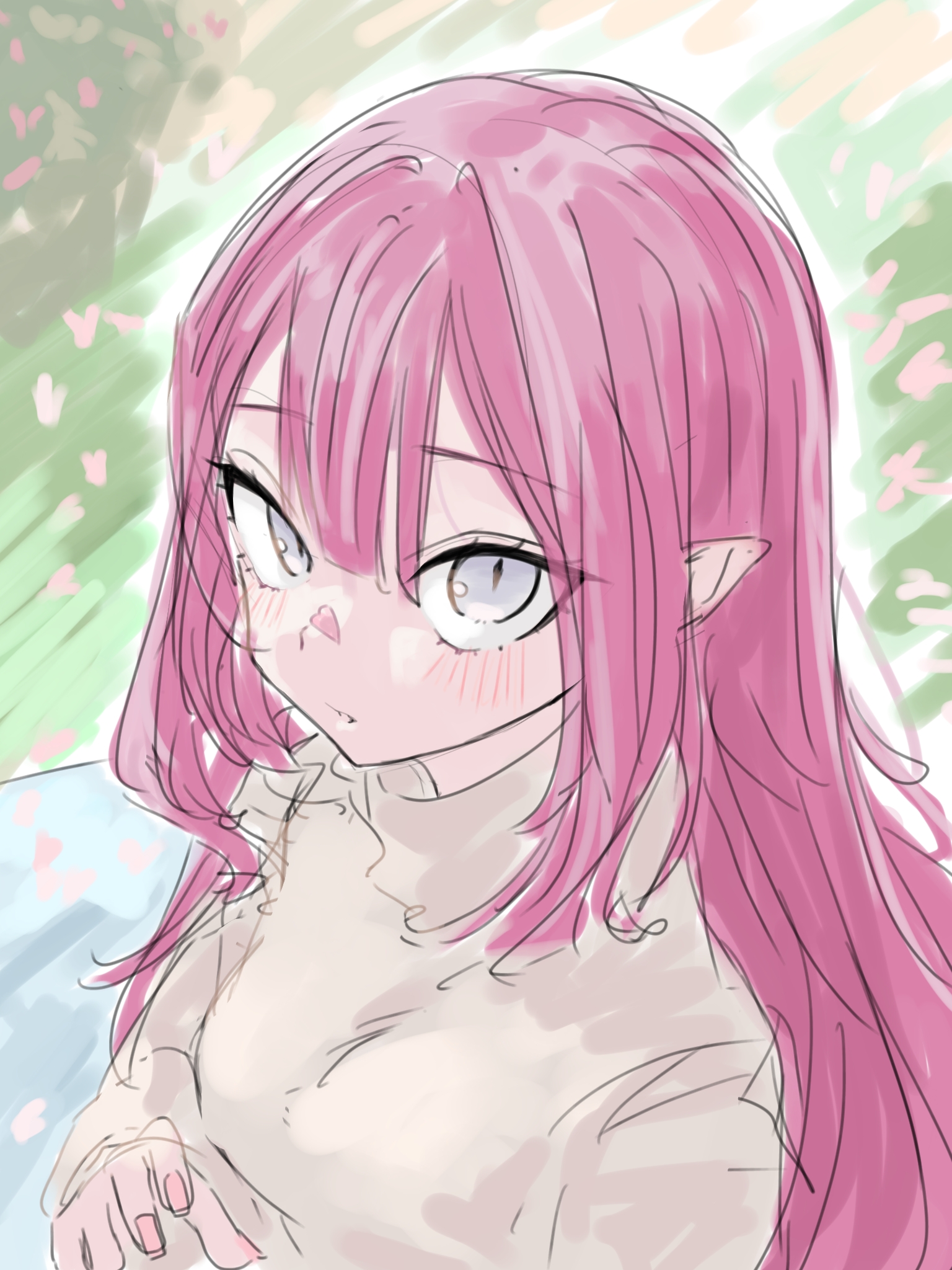 1girl baobhan_sith_(fate) breasts brown_sweater cherry_blossoms dress falling_petals fate/grand_order fate_(series) flower grey_eyes hair_between_eyes highres long_hair looking_at_viewer niwaikanai petals pink_hair pointy_ears red_nails solo spring_(season) sweater