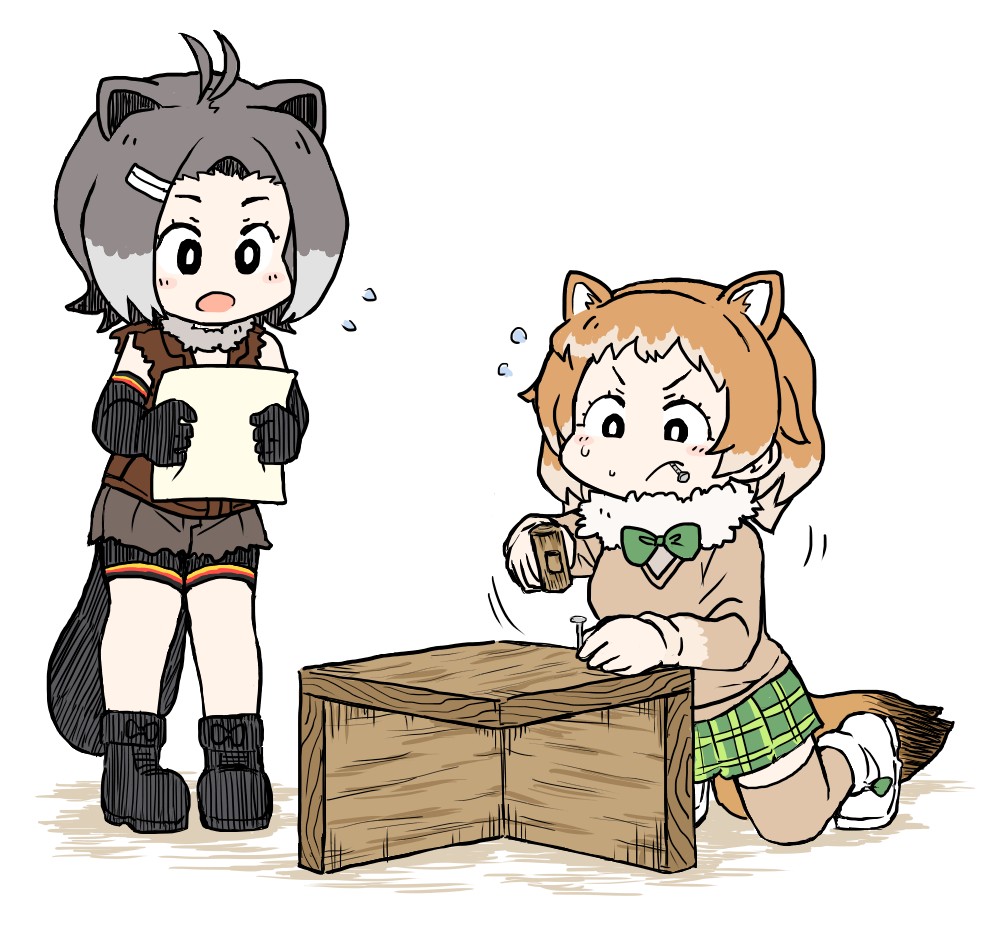 2girls american_beaver_(kemono_friends) animal_ears antenna_hair beaver_ears beaver_tail black-tailed_prairie_dog_(kemono_friends) black_eyes black_footwear blush bow bowtie bright_pupils brown_cardigan brown_shirt brown_shorts brown_thighhighs bseibutsu cardigan carpenter closed_mouth commentary_request dog_ears dog_girl dog_tail flying_sweatdrops full_body green_bow green_bowtie green_skirt grey_hair hair_ornament hairclip holding holding_mallet kemono_friends kneeling mallet mouth_hold multicolored_hair multiple_girls nail_(hardware) neck_fur open_mouth plaid_clothes plaid_skirt pleated_skirt shirt shoes short_bangs short_hair short_shorts shorts simple_background skirt standing tail thighhighs torn_clothes torn_sleeves two-tone_hair v-shaped_eyebrows white_background white_footwear white_pupils