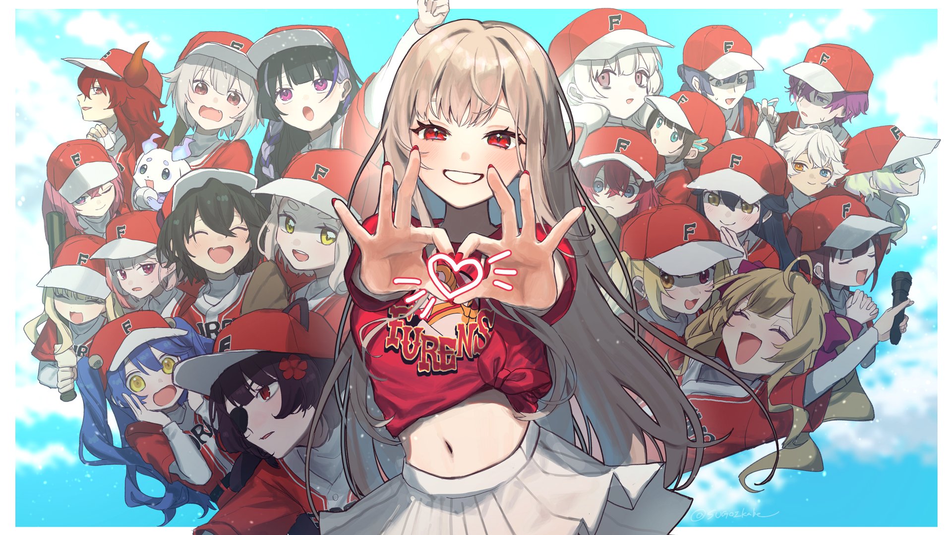 1other 4boys 6+girls ahoge amagase_muyu amamiya_kokoro ange_katrina animal_ears ball baseball_(object) baseball_bat baseball_cap baseball_glove baseball_uniform black_hair blonde_hair blue_eyes blue_hair blue_sky blush bow braid brown_hair claude_clawmark closed_eyes derem_kado dog_ears dola_(nijisanji) eyepatch furen_e_lustario hair_bow hair_ribbon hat hayama_marin heart heart_hands heterochromia highres holding holding_ball holding_baseball_bat holding_microphone horns hoshikawa_sara inui_toko lee_roha light_brown_hair long_hair long_sleeves looking_at_viewer lunlun_(nijisanji) machita_chima mashiro_meme meloco_kyoran microphone midriff mononobe_alice multicolored_hair multiple_boys multiple_girls nagao_kei nail_polish naraka_(nijisanji) navel nijisanji nijisanji_en nijisanji_id nijisanji_kr pink_eyes pink_hair purple_eyes purple_hair red_eyes red_hair red_nails reimu_endou ribbon shiga_riko shirt short_eyebrows short_hair short_sleeves skirt sky smile sportswear sugoikabe takamiya_rion tied_shirt twintails uki_violeta virtual_youtuber white_hair yamagami_karuta yellow_eyes