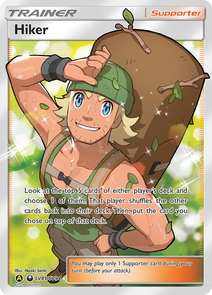 1boy arm_up artist_name backpack bag blonde_hair blue_eyes branch brown_bag brown_pants brown_shoes card_(medium) character_name company_name copyright_name copyright_notice english_text facial_hair green_hat green_shirt hand_on_own_hip hat hiker_(pokemon) male_focus nintendo official_art pants pokemon pokemon_card pokemon_sm pokemon_tcg saitou_naoki shirt shoes short_hair sleeveless sleeveless_shirt smile solo sparkle standing sweat teeth third-party_source toned toned_male trading_card wristband