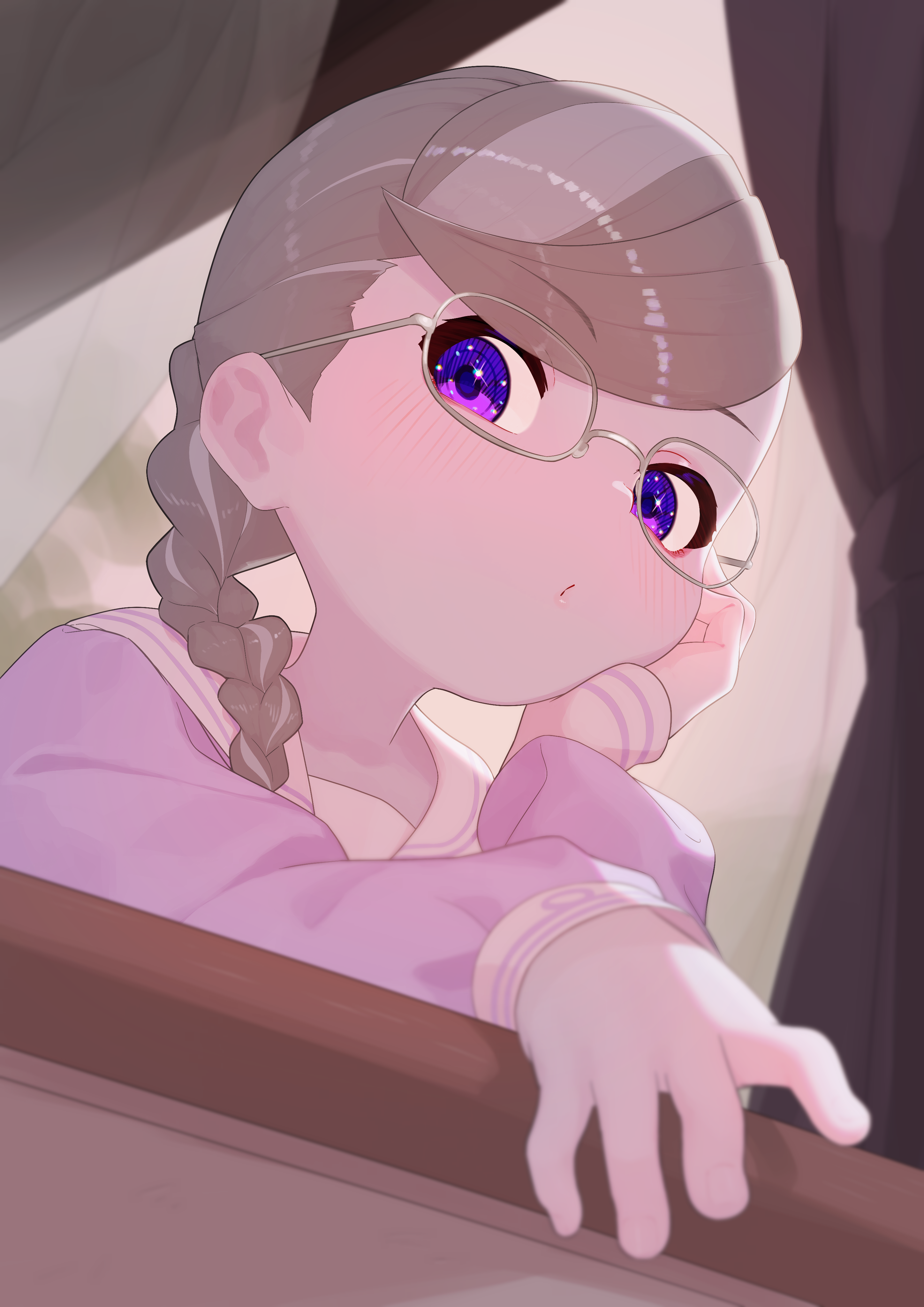 1girl absurdres blush braid closed_mouth colored_skin commentary_request curtains dekasuji desk from_below glasses grey-framed_eyewear grey_hair grey_skin hair_behind_ear highres indoors long_sleeves looking_at_viewer my_little_pony my_little_pony:_equestria_girls my_little_pony:_friendship_is_magic puffy_long_sleeves puffy_sleeves purple_eyes purple_shirt sailor_collar school_desk shirt silver_spoon silver_spoon_(equestria_girls) solo upper_body variant_set white_sailor_collar
