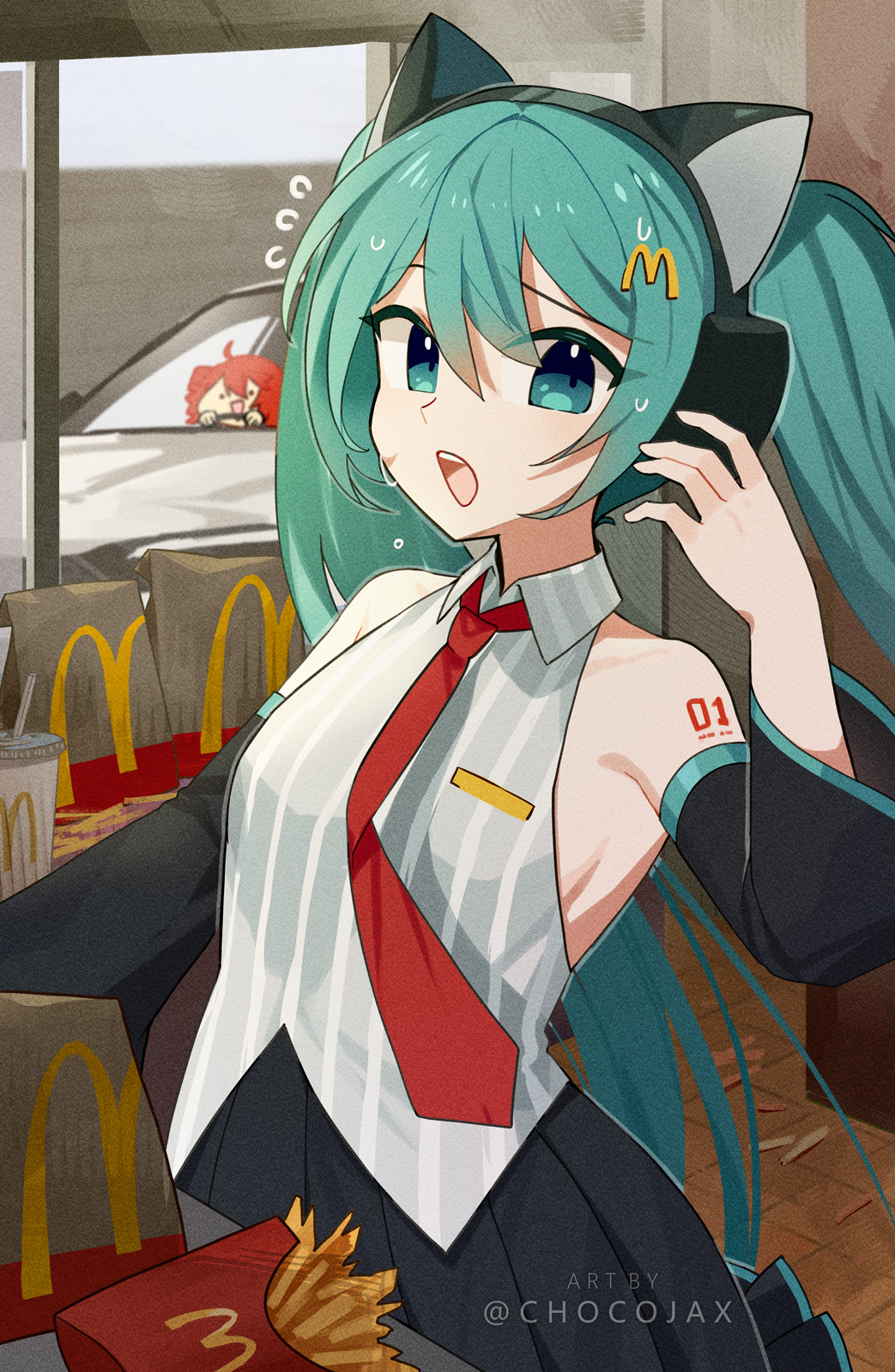 2girls animal_ear_headphones animal_ears aqua_eyes aqua_hair bare_shoulders black_skirt blush breasts cat_ear_headphones chocojax collarbone detached_sleeves drive-thru driving fake_animal_ears food french_fries hair_between_eyes hair_ornament hatsune_miku headphones highres holding kasane_teto long_sleeves mcdonald&#039;s medium_breasts multiple_girls necktie official_alternate_costume open_mouth pleated_skirt red_necktie shirt skirt sleeveless sleeveless_shirt solo_focus steering_wheel sweat utau vocaloid wide_sleeves