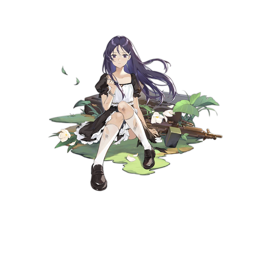 1girl ammunition_box bad_tag black_dress black_eyes blue_hair brown_shoes claes collarbone crossover damaged dirt dress flower full_body girls&#039;_frontline gun gunslinger_girl holding holding_removed_eyewear kneehighs leaf light_machine_gun long_hair looking_at_viewer m249_saw machine_gun official_alternate_costume official_art parted_lips petals plant puffy_short_sleeves puffy_sleeves shoes short_sleeves sitting smile_(mm-l) socks solo squad_automatic_weapon torn_clothes torn_dress torn_legwear torn_socks transparent_background unworn_eyewear watch weapon white_flower wind wristwatch