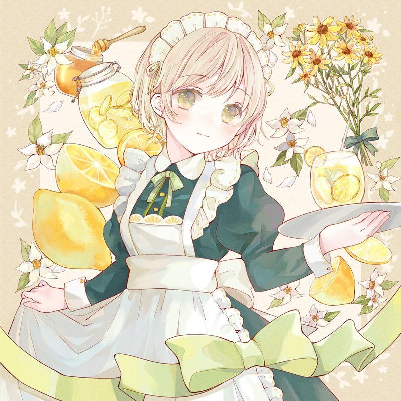 1girl apron back_bow blonde_hair blue_dress blush bouquet bow bowtie closed_mouth collared_dress commentary_request cowboy_shot dot_nose double-parted_bangs dress flower food frilled_apron frills fruit green_bow green_bowtie green_eyes green_ribbon hair_ribbon holding holding_plate honey honey_dipper jar juliet_sleeves leaf lemon lemon_slice lemonade long_sleeves maid maid_apron maid_headdress original plate puffy_sleeves ribbon short_hair skirt_hold smile solo tententuyu white_apron white_flower yellow_flower