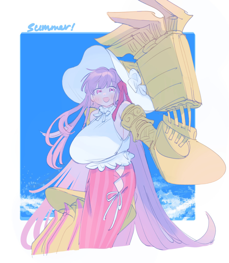 1girl blue_sky breasts claws fate/grand_order fate_(series) hat huge_breasts long_hair long_skirt looking_at_viewer mechanical_arms oneroom-disco open_mouth passionlip_(fate) passionlip_(third_ascension)_(fate) pink_eyes pink_skirt purple_hair skirt sky smile solo sun_hat very_long_hair white_hat