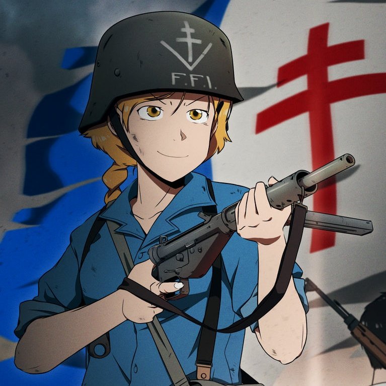 1girl 1other bag black_hair blue_shirt braid check_gender chevron_(symbol) chin_strap closed_mouth collarbone collared_shirt combat_helmet commentary cross english_commentary fingernails free_french_flag french_flag gender_request grey_bag grey_headwear grey_helmet gun gun_sling hair_between_eyes headwear_writing helmet holding holding_gun holding_weapon looking_ahead mrxinom original out_of_frame overcast rifle satchel shirt short_hair single_braid sky sleeves_rolled_up smile solo_focus sten_gun strap submachine_gun suspenders torn_flag translated trigger_discipline two-barred_cross upper_body weapon world_war_ii yellow_eyes