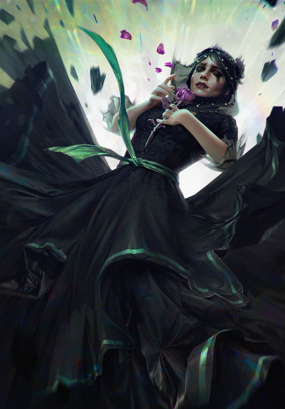 black_dress black_hair black_veil crying dress flower gwent_(game) highres iris_von_everec makeup mascara non-web_source petals plucking_petals purple_flower realistic rose_petals the_witcher_(series) the_witcher_3 veil