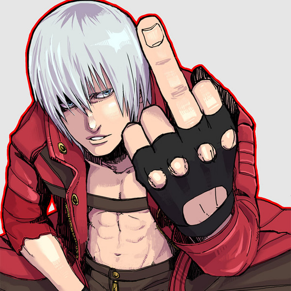 1boy abs bad_id bad_pixiv_id belt_bra blue_eyes capcom dante_(devil_may_cry) devil_may_cry_(series) fingerless_gloves gloves hunter image_sample jacket kamachi male_focus middle_finger open_clothes open_jacket pixiv_sample red_jacket resized topless_male short_hair solo white_hair