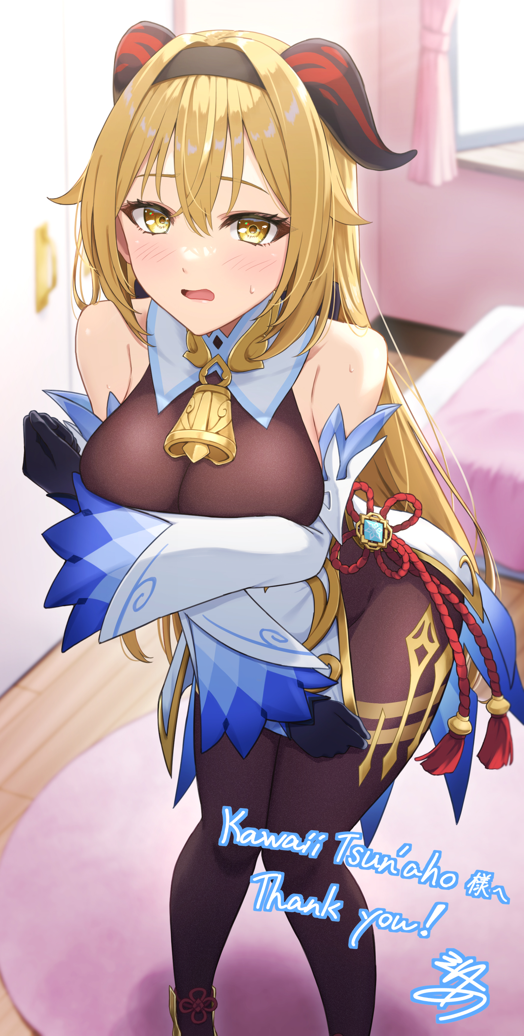 1girl absurdres arms_under_breasts bare_shoulders bell black_headband blonde_hair blue_sleeves blush bodystocking breasts brown_bodystocking cleavage collar commentary commentary_request commission commissioner_name cosplay cowbell crossed_arms detached_collar detached_sleeves dress embarrassed english_commentary eyelashes fake_horns feet_out_of_frame ganyu_(genshin_impact) ganyu_(genshin_impact)_(cosplay) genshin_impact goat_horns hair_between_eyes headband high_heels highres horns large_breasts long_hair miho_hasegawa_(kawaiitsunaho) mitsuria_(kanesho1102) mixed-language_commentary neck_bell open_mouth original second-party_source side_slit skeb_commission solo sweat translation_request vision_(genshin_impact) white_collar white_dress white_sleeves yellow_eyes