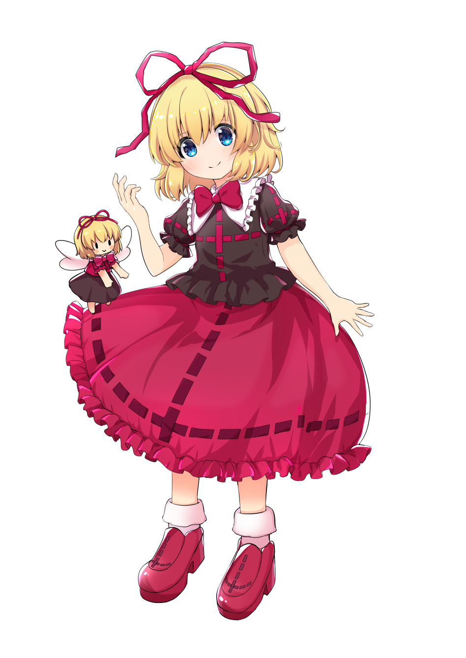 1girl black_shirt blonde_hair blue_eyes bow bowtie closed_mouth doll fairy_wings game_cg hair_ribbon hakurei_frontier_spell_strive highres looking_at_viewer medicine_melancholy medium_hair official_art rapameri red_bow red_bowtie red_ribbon red_shoes red_skirt ribbon ribbon-trimmed_shirt ribbon_trim shirt shoes short_sleeves skirt smile socks solo su-san third-party_source touhou transparent_background white_socks wings