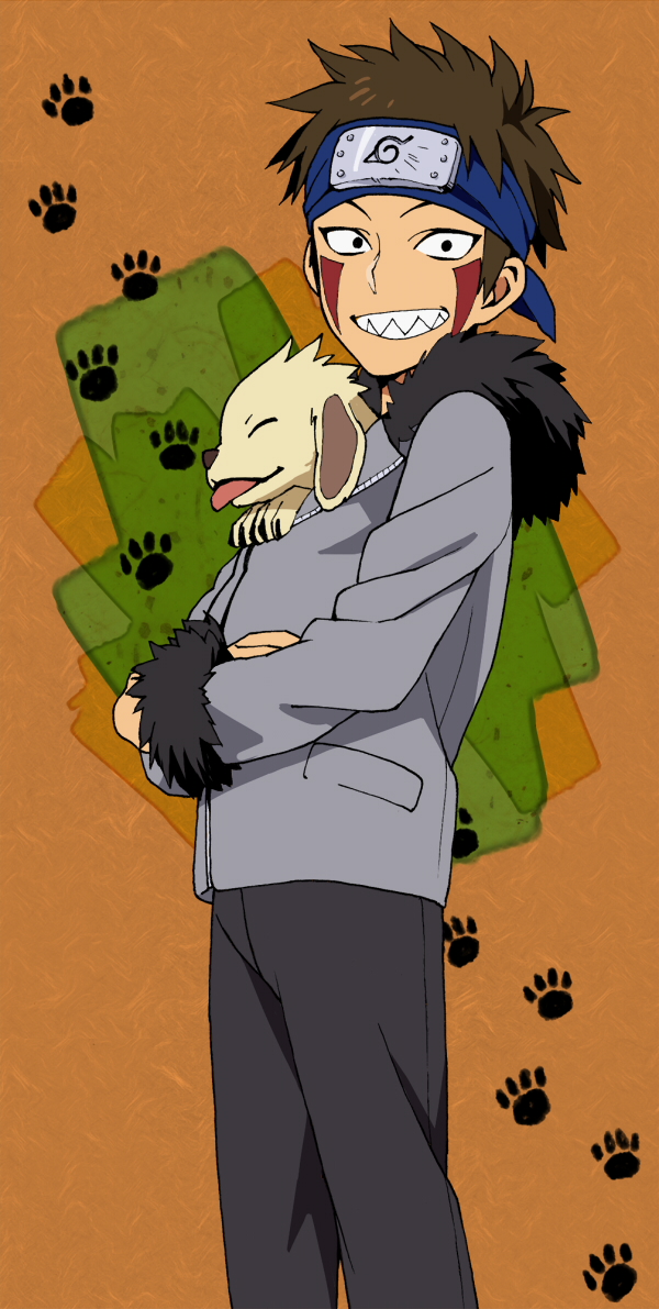 1boy akamaru_(naruto) brown_hair dog fangs inuzuka_kiba mosako naruto naruto_(series) sharp_teeth sharp_teeth smile teeth
