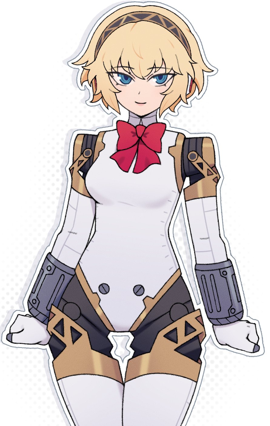 1girl aigis_(persona) android blonde_hair blue_eyes edmonmondo hairband headphones highres joints looking_at_viewer persona persona_3 robot_joints short_hair simple_background smile solo white_background