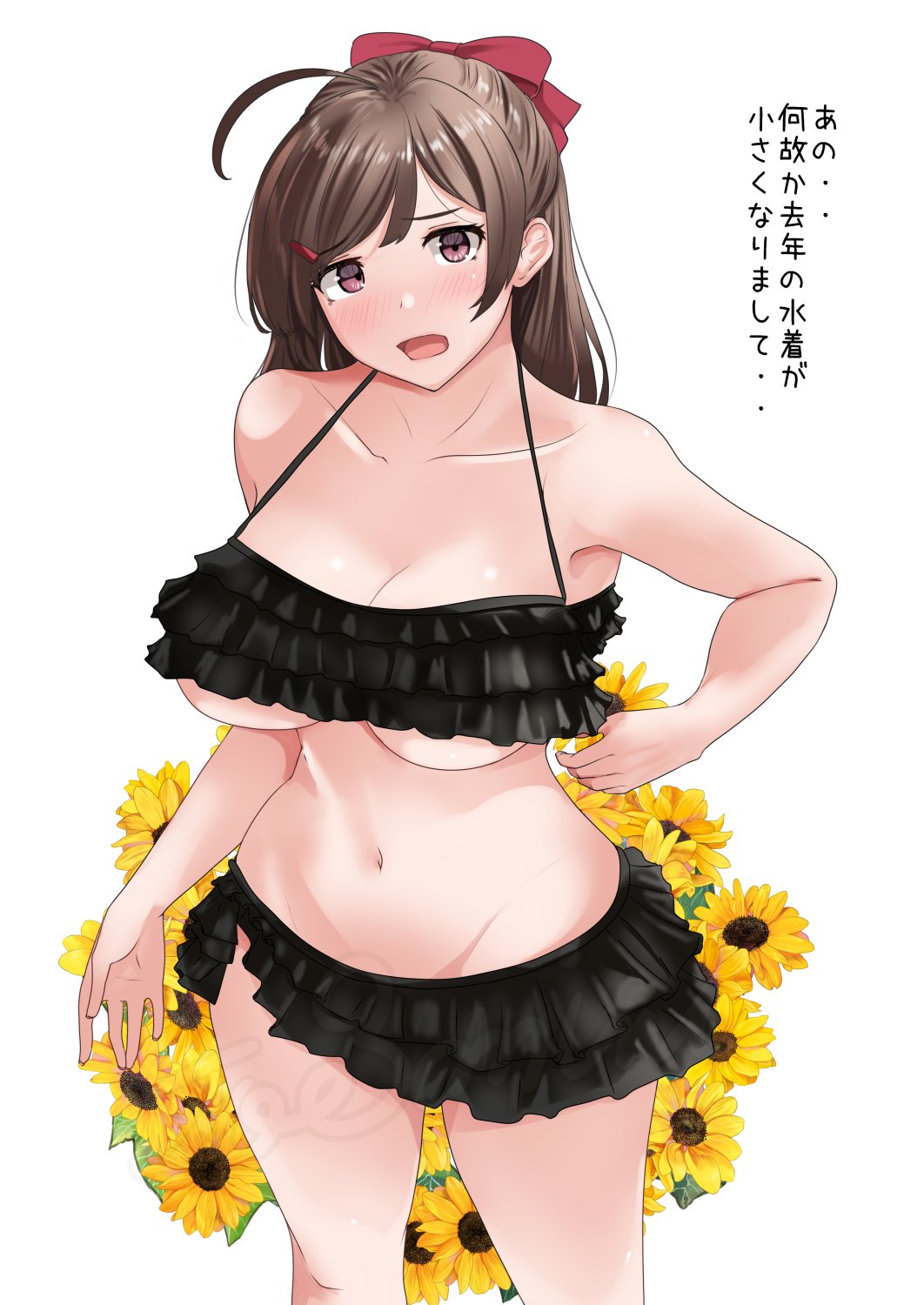 1girl ahoge bikini bikini_skirt black_bikini breasts brown_hair commentary_request flower frilled_bikini frills hair_ornament hair_ribbon hairclip highres jouzaburou_(joe3) kantai_collection large_breasts long_hair looking_at_viewer mamiya_(kancolle) mamiya_(swimsuit)_(kancolle) open_mouth red_eyes ribbon ruffle_bikini simple_background solo sunflower swimsuit translation_request underboob white_background