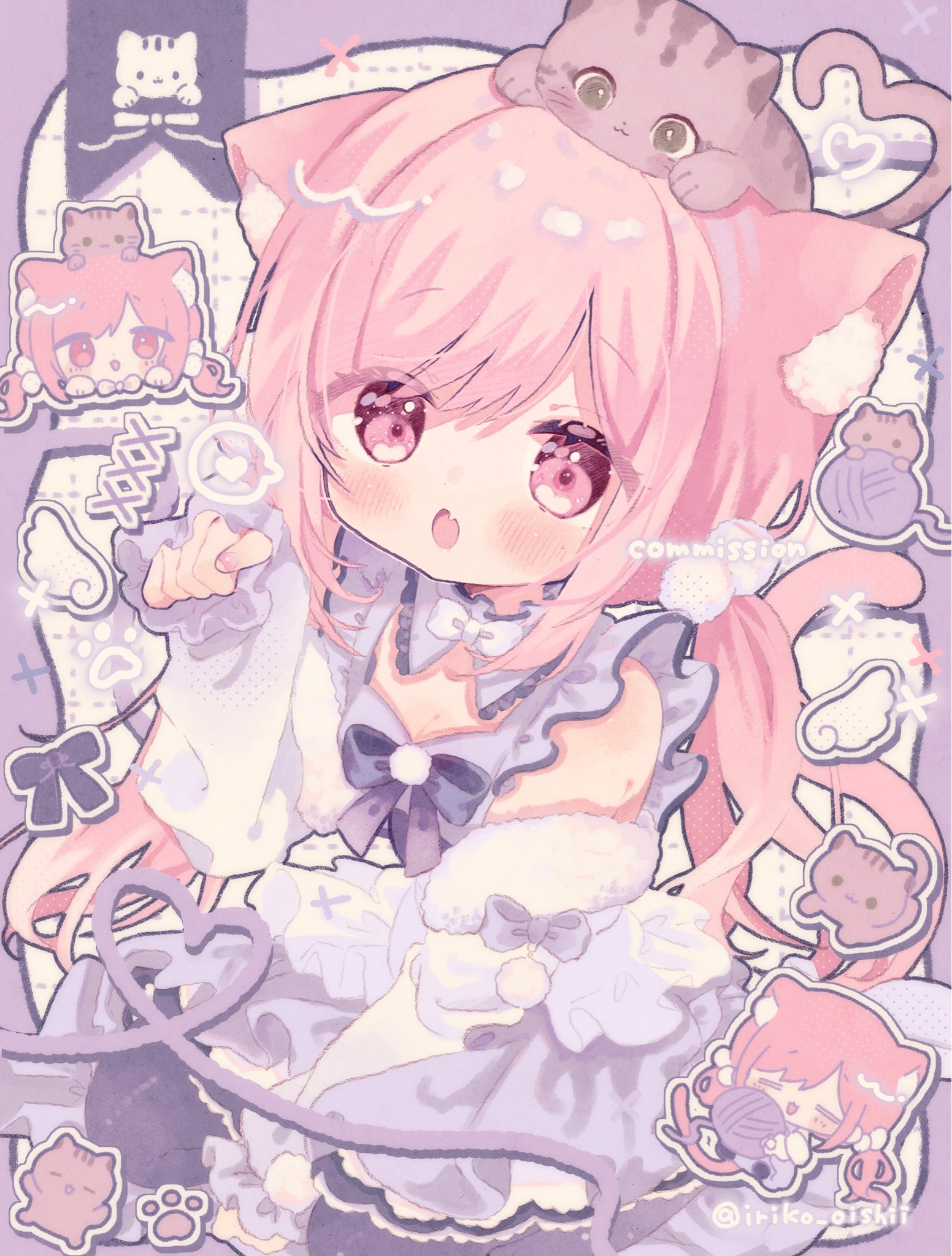 1girl :3 :d :o animal animal_ear_fluff animal_ears animal_on_head bare_shoulders black_bow black_bowtie black_ribbon black_thighhighs blue_dress blush blush_stickers border bow bowtie breasts cat cat_ears cat_girl cat_tail chibi cleavage cleavage_cutout clothing_cutout commentary commission detached_collar dress fang grid_background hand_up heart heart_of_string highres indie_virtual_youtuber kamizakana_iriko long_hair long_sleeves looking_at_viewer lucie_(vtuber) on_head open_mouth outside_border paw_pose pink_eyes pink_hair purple_border ribbon skeb_commission skin_fang smile tail thighhighs twitter_username white_background yarn yarn_ball