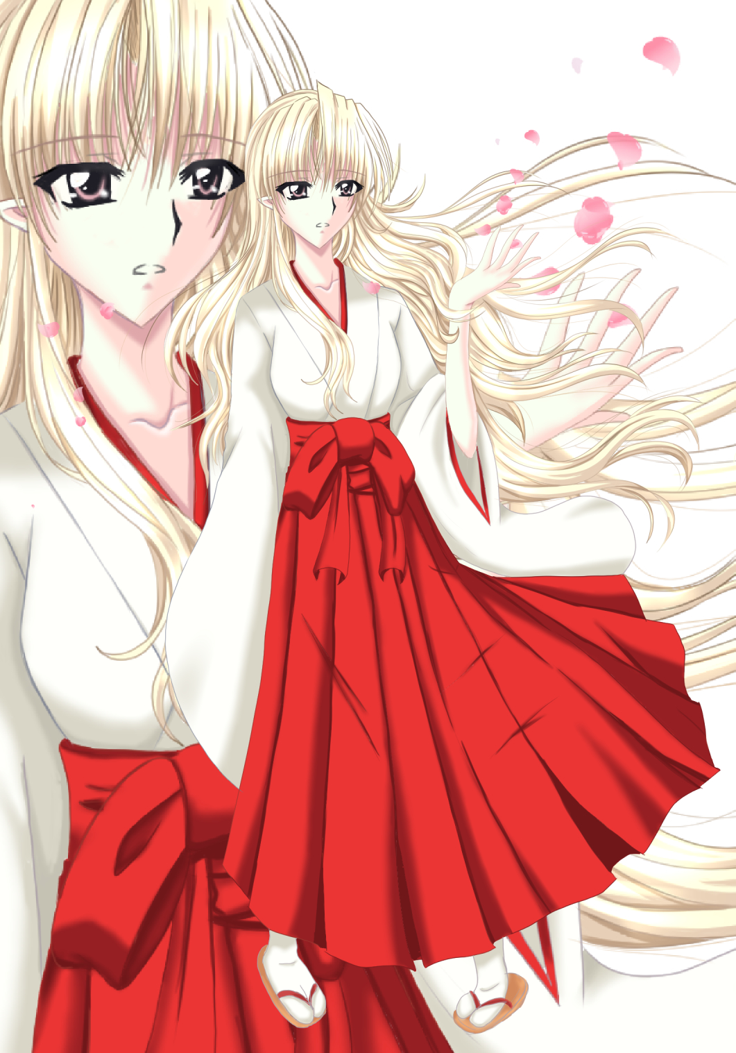 1girl genesishisyou highres izumo japanese_clothes miko palms_up platinum_blonde_hair