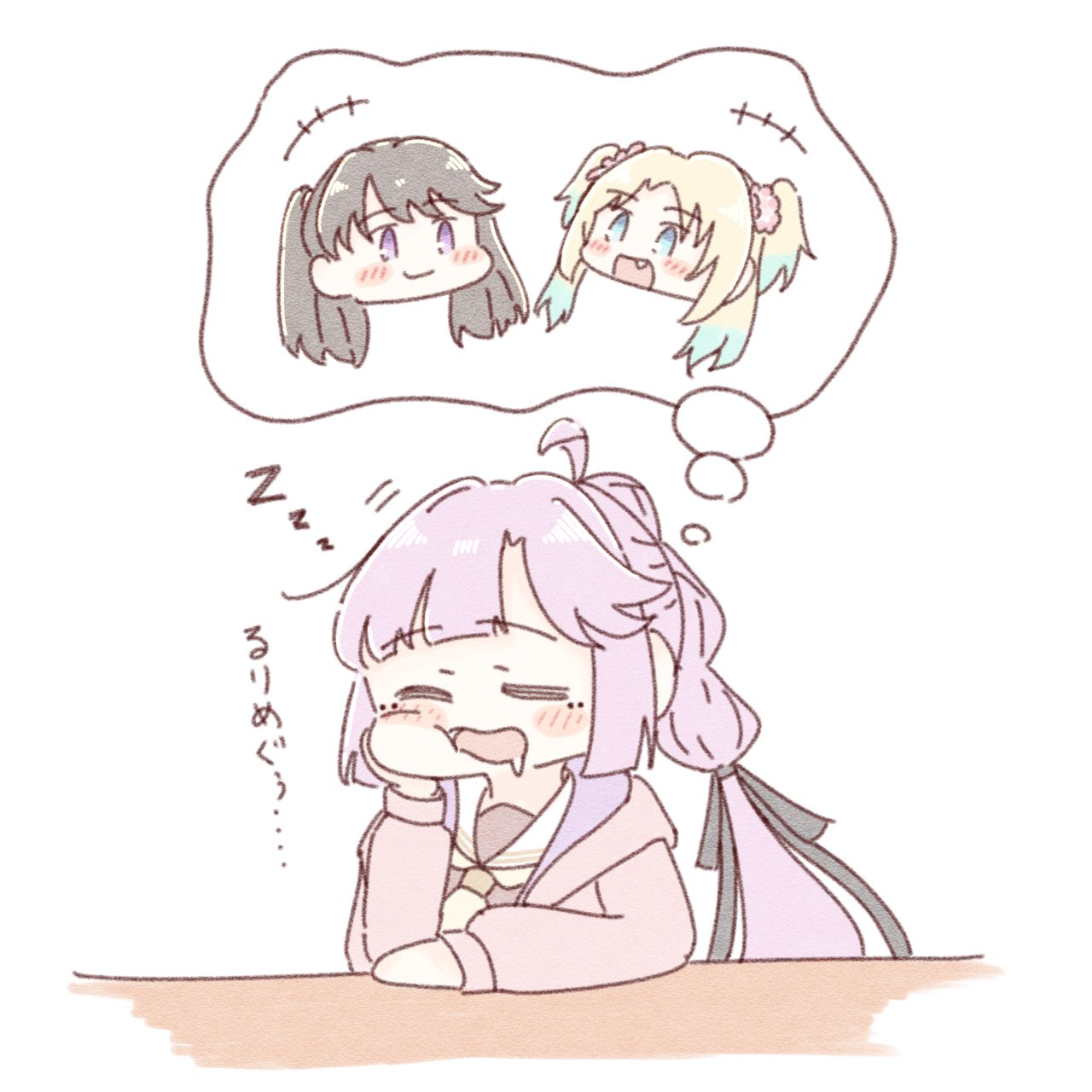 3girls :d =_= ahoge amano_tatsu anyoji_hime black_ribbon blonde_hair blue_eyes blue_hair blunt_bangs blush brown_dress brown_hair closed_mouth commentary_request dreaming dress drooling fang flower fujishima_megumi gradient_hair hair_flower hair_ornament hair_ribbon hasu_no_sora_school_uniform highres hood hooded_jacket jacket link!_like!_love_live! long_hair long_sleeves love_live! mira-cra_park! multi-tied_hair multicolored_hair multiple_girls neckerchief open_clothes open_jacket open_mouth osawa_rurino parted_bangs pink_flower pink_hair pink_jacket ponytail purple_eyes ribbon sailor_collar sailor_dress school_uniform sidelocks simple_background sleeping sleeping_upright smile speech_bubble swept_bangs thought_bubble translation_request twintails two_side_up very_long_hair virtual_youtuber white_background white_sailor_collar winter_uniform yellow_neckerchief zzz