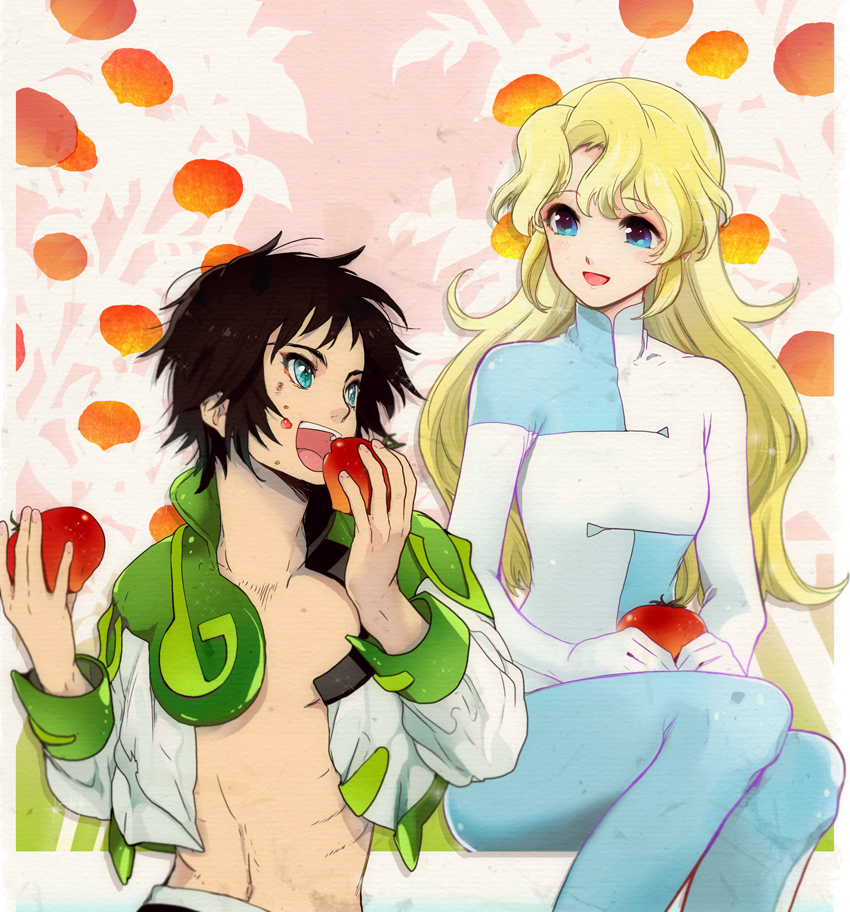00s 1boy 1girl age_(heroic_age) bad_id bad_pixiv_id black_hair blonde_hair blue_eyes bodysuit deianeira eating food fruit heroic_age kanke_(yonkuma) long_hair short_hair smile