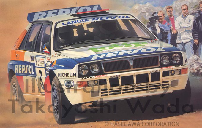 5boys blue_jacket box_art car carlos_sainz_sr. crossed_arms dust hasegawa_(hobby_kits) helmet jacket lancia_(brand) lancia_delta_hf_integrale michelin motor_vehicle multiple_boys official_art outdoors race_vehicle racecar rally_car real_life realistic red_shirt shadow shirt vehicle_focus wada_takayoshi watermark white_headwear white_shirt world_rally_championship