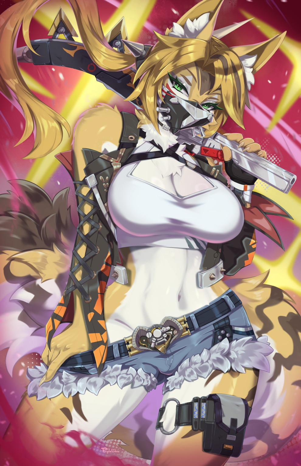 1girl animal_ear_fluff animal_ears artist_name belt blonde_hair body_fur breasts brown_fur brown_hair cat_girl choker cleavage clothes_pull covered_mouth cowboy_shot cropped_jacket fingerless_gloves fingernails fur-trimmed_shorts fur_trim furry furry_female gloves green_eyes grey_shorts groin hand_up highres holding holding_weapon jacket lace-up_sleeves large_breasts long_hair long_sleeves mask midriff mouth_mask multicolored_fur multicolored_hair navel neck_fur open_clothes open_jacket over_shoulder ponytail pouch pulchra_fellini pulling_own_clothes purplelemons respirator sharp_fingernails short_shorts shorts shorts_pull single_glove slit_pupils solo spikes stomach tail tank_top thigh_belt thigh_pouch thigh_strap weapon weapon_over_shoulder white_fur yellow_fur zenless_zone_zero