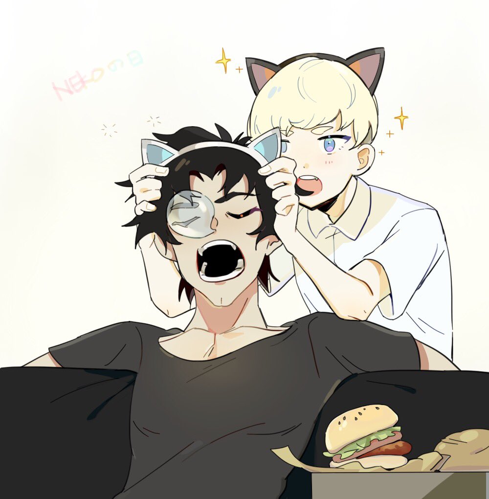 2boys animal_ear_headwear animal_ears arms_up asuka_ryou black_hair black_shirt blonde_hair blue_eyes burger cat_ears closed_eyes collared_shirt commentary couch crew_neck devilman devilman_crybaby doku0226 dot_nose fake_animal_ears fingernails food fudou_akira male_focus multiple_boys nose_bubble open_mouth shirt short_sleeves sitting sleeping sparkle t-shirt teeth upper_teeth_only white_background white_shirt wing_collar
