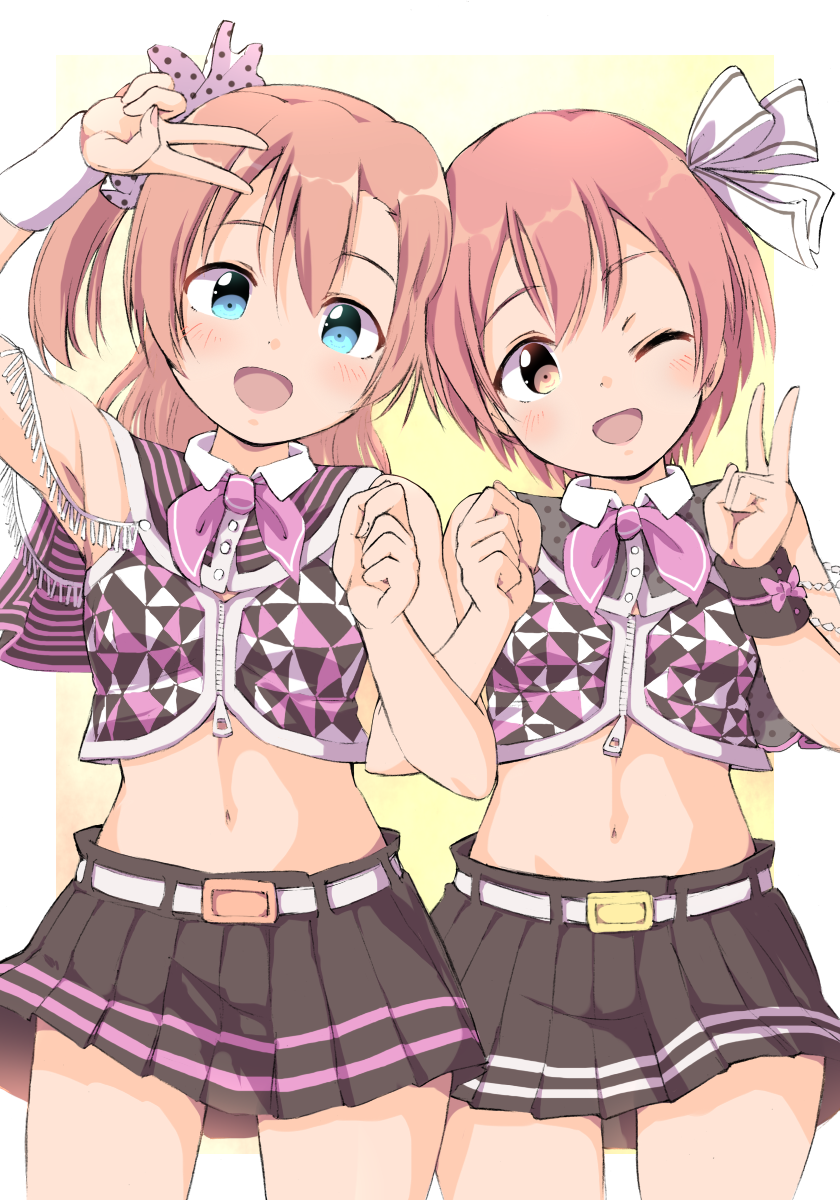 2girls anime_coloring arm_up belt black_skirt blue_eyes blush cowboy_shot crop_top hand_up hands_up highres hoshizora_rin kosaka_honoka looking_at_viewer love_live! love_live!_school_idol_project midriff multiple_girls navel one_eye_closed one_side_up open_mouth orange_hair pleated_skirt sen_(sen0910) shirt short_hair skirt sleeveless sleeveless_shirt smile standing v white_belt yellow_eyes