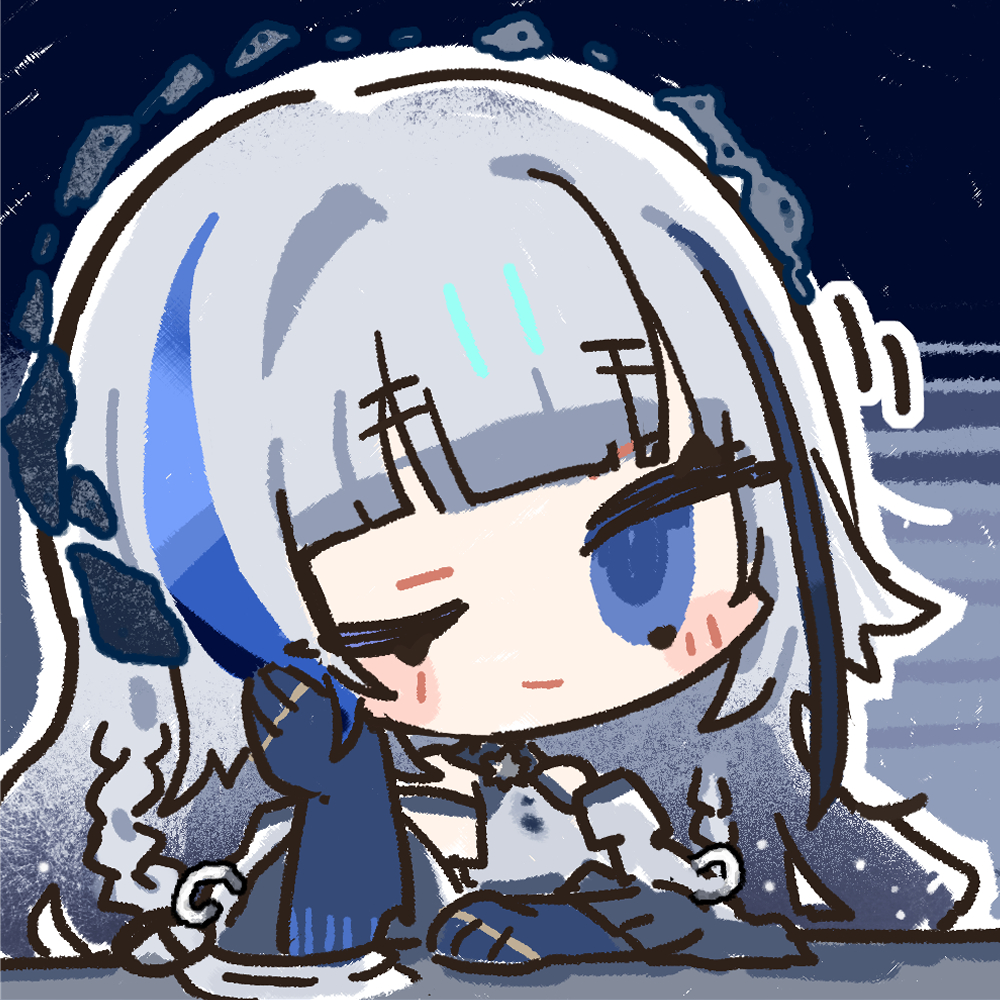 1girl blue_eyes blue_hair blush_stickers chibi chibi_only chinese_commentary cui_pi_zha_xia_qiu darkstar_hubble_(neural_cloud) elbow_rest girls&#039;_frontline girls&#039;_frontline_neural_cloud grey_hair grey_shirt head_rest hubble_(neural_cloud) long_hair looking_at_viewer official_art one_eye_closed second-party_source shirt solo table