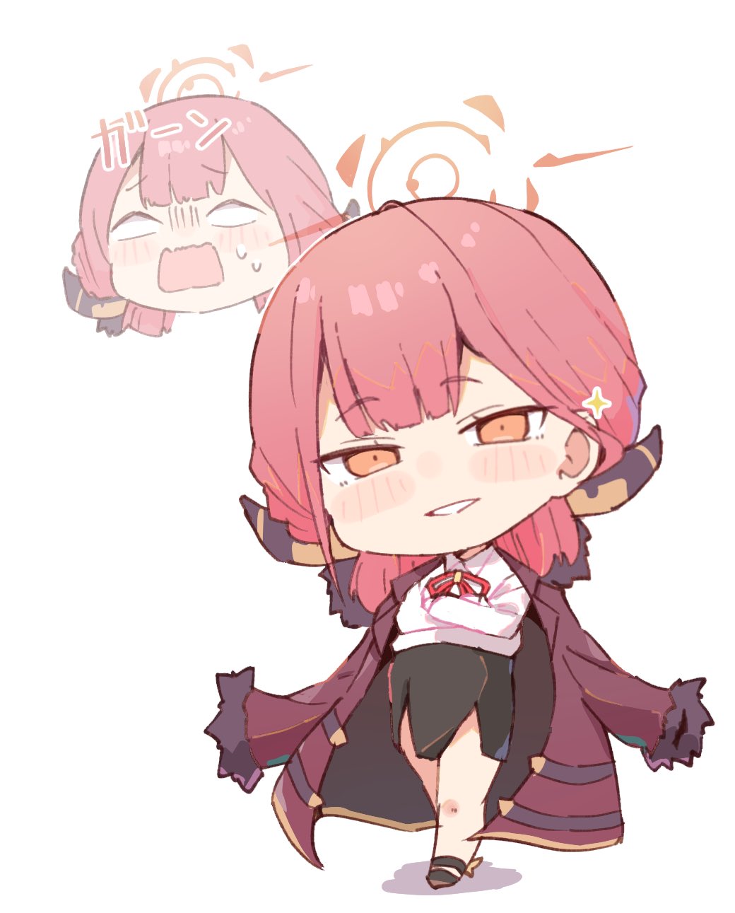 1girl aru_(blue_archive) blue_archive blush chibi full_body grin halo highres open_mouth projected_inset purin_a_la_mode_(popup) smile solo tagme