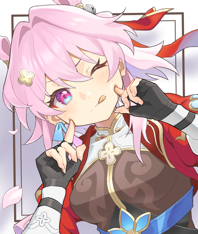1girl bell belt black_gloves blue_belt blue_eyes breasts chinese_clothes closed_mouth commentary_request cropped_jacket earrings fingerless_gloves flower gloves hair_flower hair_ornament hairpin honkai:_star_rail honkai_(series) jacket jewelry jingle_bell light_blush long_sleeves looking_at_viewer mandarin_collar march_7th_(honkai:_star_rail) march_7th_(hunt)_(honkai:_star_rail) medium_breasts medium_hair mitukiaqa multicolored_eyes official_alternate_costume official_alternate_hairstyle one_eye_closed open_clothes open_jacket petals pink_eyes pink_hair pink_pupils red_jacket shuangyaji single_earring solo tongue tongue_out two-tone_eyes underbust white_sleeves