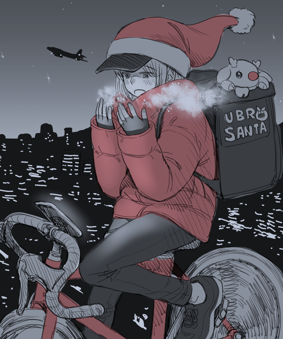 1girl aircraft airplane backpack bag bicycle brand_name_imitation breath cellphone commentary_request fingerless_gloves gloves gold greyscale hat hatching_(texture) jacket jet_airliner monochrome original phone red_jacket riding riding_bicycle sabaku_chitai santa_hat shoes sky smartphone sneakers solo spot_color star_(sky) starry_sky uber_eats