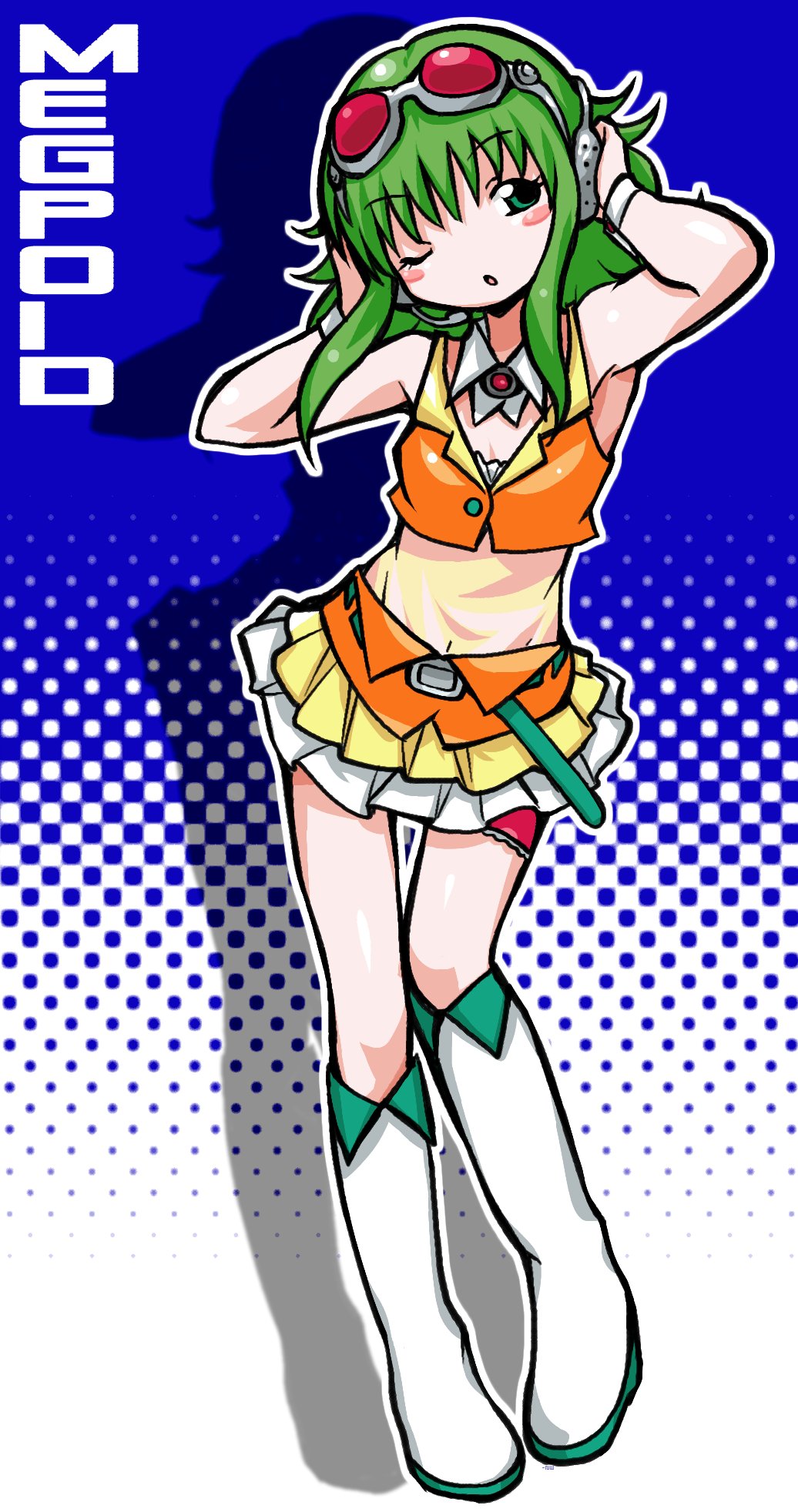 1girl blue_background goggles goggles_on_head green_eyes green_hair gumi hands_on_headwear highres miniskirt navel skirt vocaloid