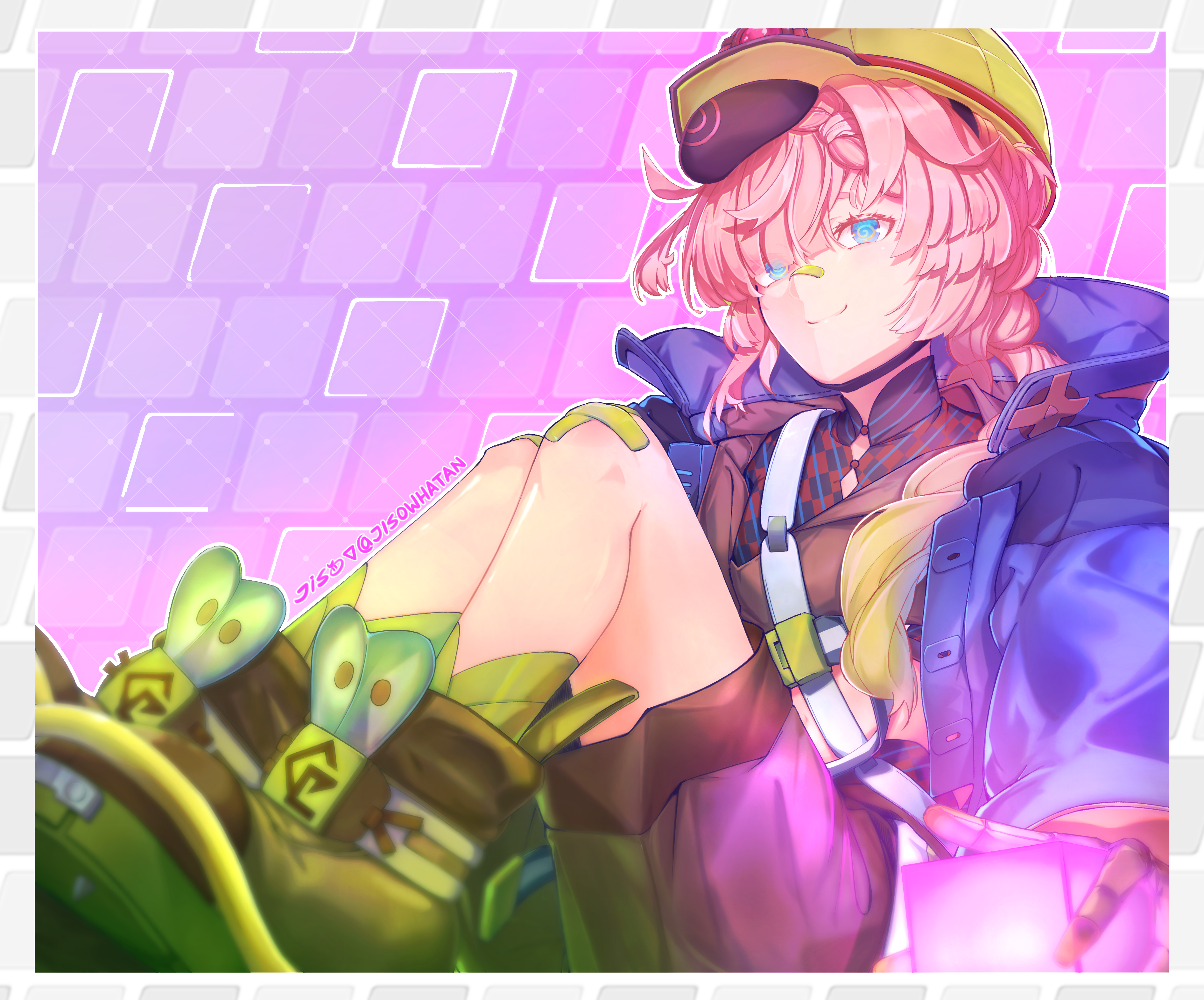 1girl @_@ absurdres artist_name bandaid bandaid_on_face bandaid_on_knee bandaid_on_leg bandaid_on_nose blue_eyes blue_jacket brown_hair fate/grand_order fate_(series) highres jacket jiso_(zevil10) mining_helmet purple_background shorts sitting smile van_gogh_(fate) van_gogh_(miner)_(fate)