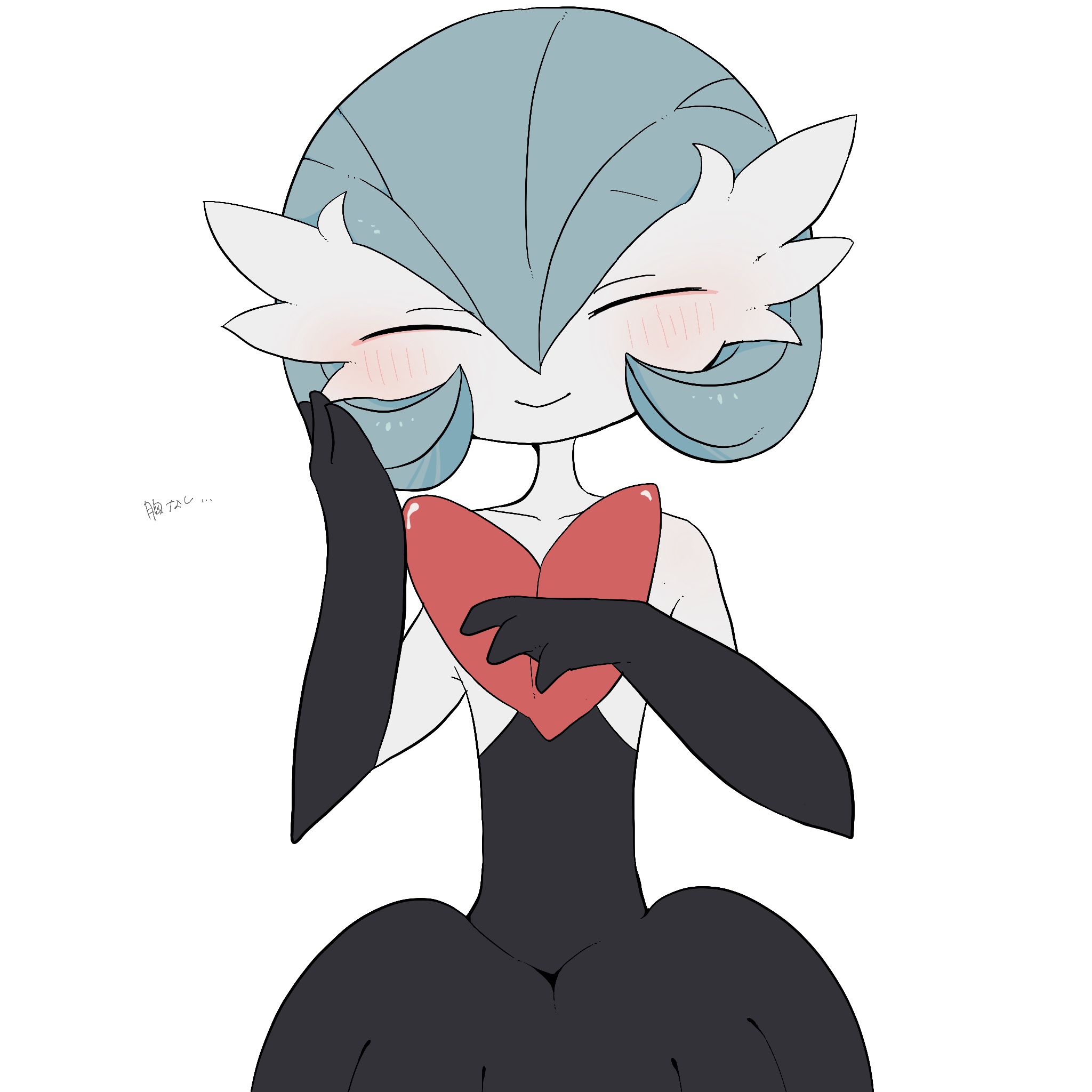 1girl ^_^ alternate_color bare_shoulders black_dress black_gloves blue_hair blush bob_cut closed_eyes closed_mouth collarbone colored_skin dress elbow_gloves facing_viewer female_focus flat_chest flat_color gardevoir gen_3_pokemon gloves hair_between_eyes hand_on_own_chest hands_up happy highres japanese_text mega_gardevoir mega_pokemon nintendo pokemon pokemon_(creature) shiny_pokemon short_hair simple_background smile solo standing straight-on strapless strapless_dress translation_request upper_body white_background white_skin yamada_(pixiv_24040206)