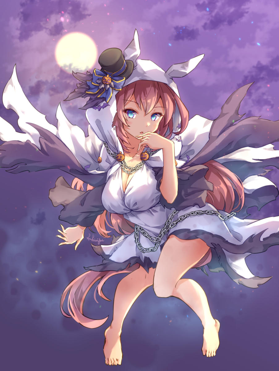 1girl arm_at_side barefoot black_hat bow breasts brown_hair cape cleavage cloud cloudy_sky commentary_request double-parted_bangs dress expressionless finger_to_mouth floating full_body full_moon halloween_costume hat hat_bow highres hood hood_up hooded_cape horse_girl horse_tail jack-o&#039;-lantern_hat_ornament jack-o&#039;-lantern_ornament large_breasts long_hair long_sleeves looking_at_viewer mihono_bourbon_(ghosty_and_the_magic_of_halloween)_(umamusume) mihono_bourbon_(umamusume) mini_hat mini_top_hat moon night night_sky official_alternate_costume parted_lips robe sakimiya_(inschool) sky solo tail top_hat torn_cape torn_clothes umamusume white_cape white_dress white_robe