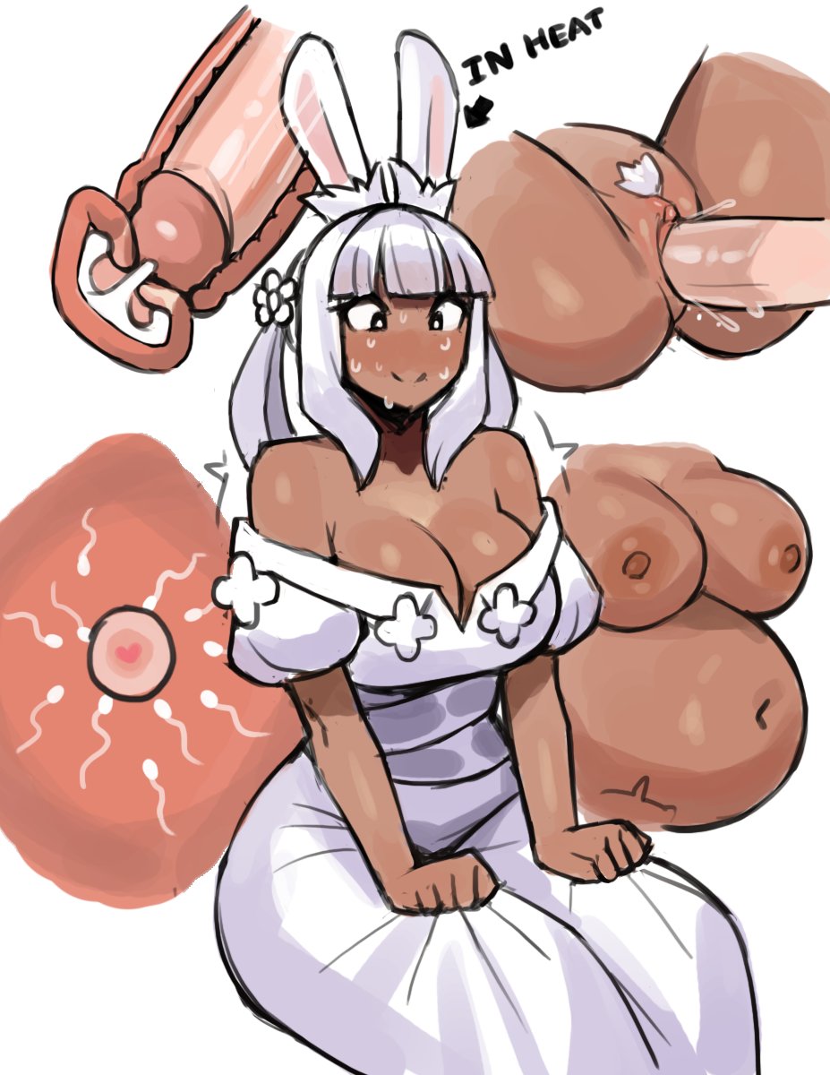 1boy 1girl clitoris cross-section cum cum_in_pussy dark-skinned_female dark_skin donburi_(donburikazoku) dress ejaculation female_focus female_pubic_hair fertilization highres impregnation in_heat interracial multiple_views navel original ovum ovum_with_heart penis pregnant pubic_hair pussy rabbit_ears rabbit_girl sex simple_background sitting sperm_cell stomach sweat uterus vaginal white_background white_dress white_hair