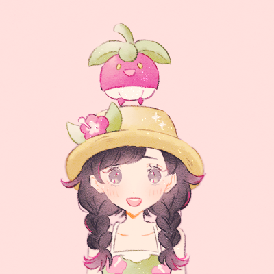 :d alternate_color black_hair bounsweet braid floral_print flower game_freak gen_7_pokemon green_shirt grey_eyes hat long_hair looking_at_viewer lowres nintendo open_mouth pink_background pink_flower pokemon pokemon_(creature) pokemon_usum ryokuno_green selene_(pokemon) shirt simple_background sleeveless smile twin_braids upper_body yellow_eyes yellow_hat