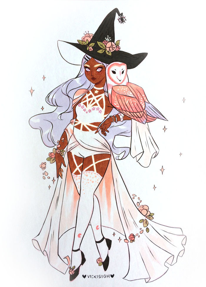 1girl animal_on_arm artist_name bird bird_on_arm breasts choker commentary dark-skinned_female dark_skin english_commentary flower hair_ornament hairclip hat hat_flower high-waist_shorts inktober long_hair long_skirt marker_(medium) original owl pink_eyes purple_hair scarf short_shorts shorts signature skirt small_breasts solo sparkle thighhighs traditional_media very_dark_skin vicki_tsai white_choker white_scarf white_skirt white_thighhighs witch_hat