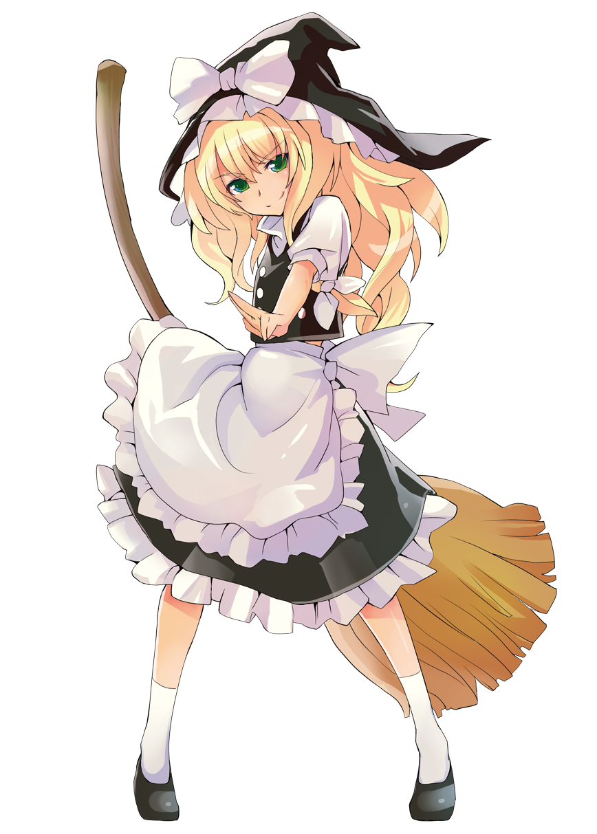 1girl apron blonde_hair bow broom female_focus full_body green_eyes hat hat_bow highres kirisame_marisa long_hair simple_background solo tamon_ketsuyuki touhou transparent_background waist_apron witch_hat